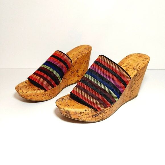 MONTEGO Bay Womens Size 6.5 Wedge Sandal Striped Rainbow Slip On Heel Colorful - Picture 11 of 11
